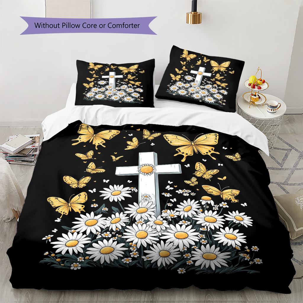Daisy Butterfly  Pattern Bedding Quilt Set Quilt Cover Pillowcase Home Decoration  Gift (1 * Duvet Cover + 2 * Pillowcase, Without Core)