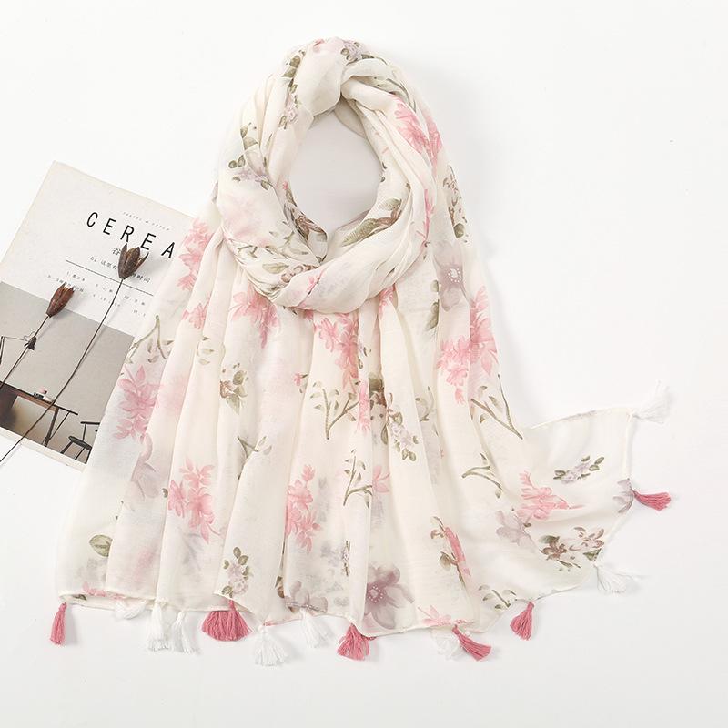 Fashion Printing Flower Tassel Shawl Cotton Viscose Scarf Women Beach Sunscreen Shawl Muslim Hijab Wrap Headscarf  Foulard Femme