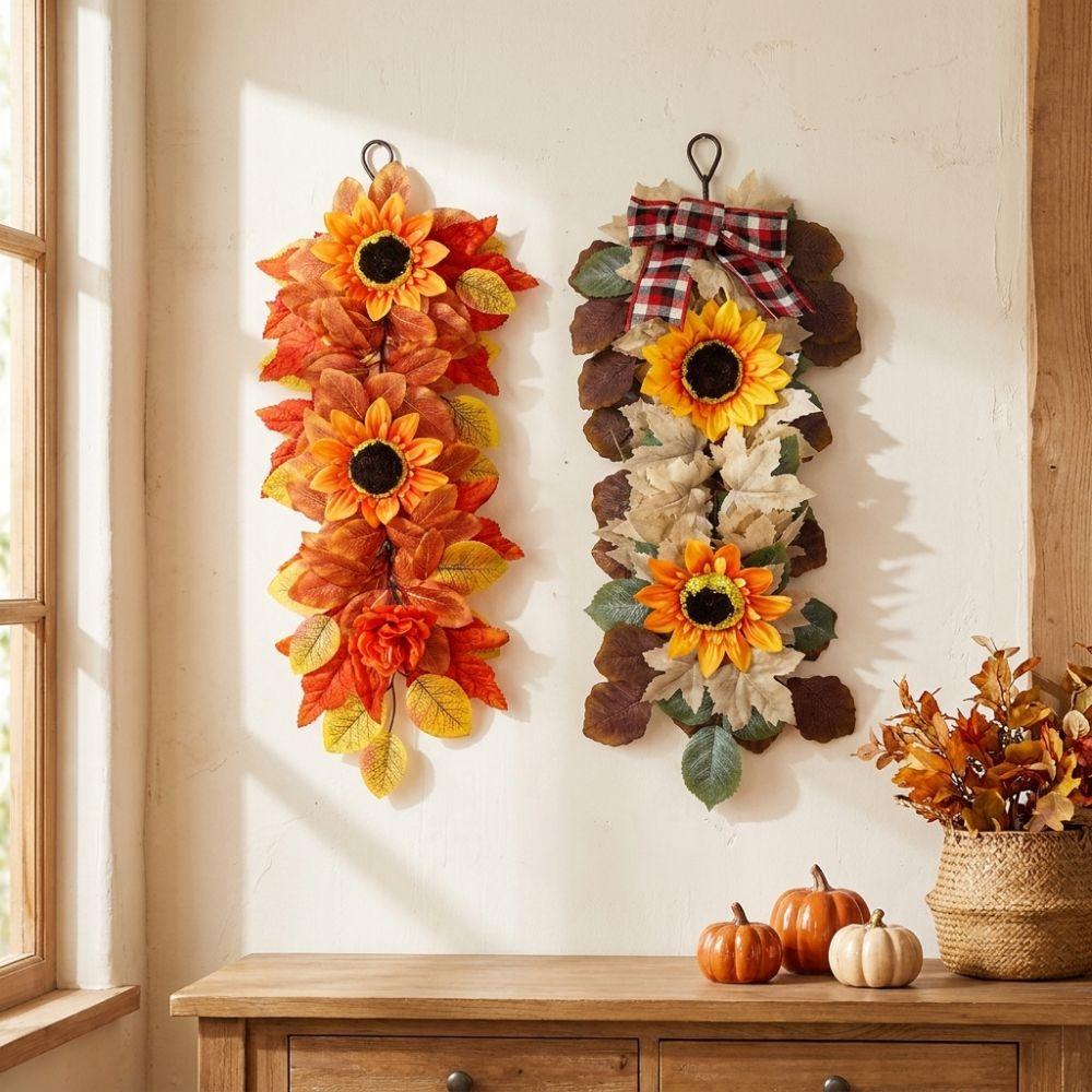 Rustic Autumn Sunflower Wall Hanging Real Touch Lifelike Front Door Artificial Floral No Wilting with Bow