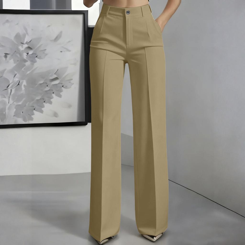High Waist Wide Leg Hose für Damen Klassische Gerade geschnittene Business Casual Hose mit Taschen und Knopfleiste
