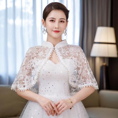 Chinesisches Mandarin-Kragen Blumen-Spitzen-Umhang Schulterwärmer Perlenbesatz Kurzer Bolero Wickel für Hochzeit Cheongsam Abend Ballkleid