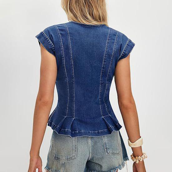 Women's V Neck Denim Vest Top, Sleeveless Button Down Ruffle Trim Jean Top, Summer Casual Strechy Waistcoat
