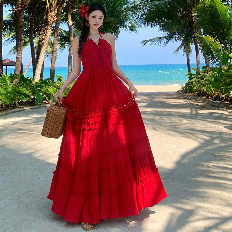 French Beach Dress Vacation Dress Long Dress Sexy Halter Fairy Summer Neck Sling Lace Cake Dress