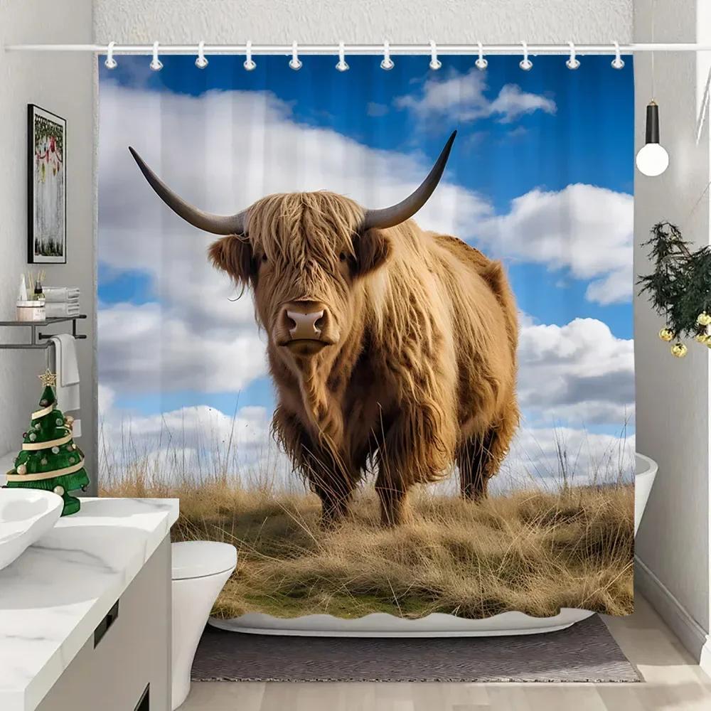 Farm Animals Highland Cattle Shower Curtain Rustic Rustic Farmhouse Plank Vintage Style Washable Shower Curtains Bathroom Decor