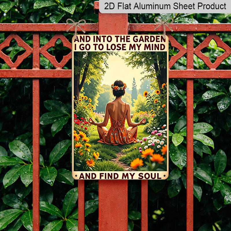 2D Flaches Vintage Garten Zitat Aluminiumschild "Und in den Garten gehe ich" Yoga Mädchen Wanddeko Boho Yoga Wandkunst Gartendekoration, Hinterhof, Terrasse, Yoga