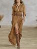2025 European & American Women's Autumn Sexy Solid Color Belted Irregular Ruffle Dress