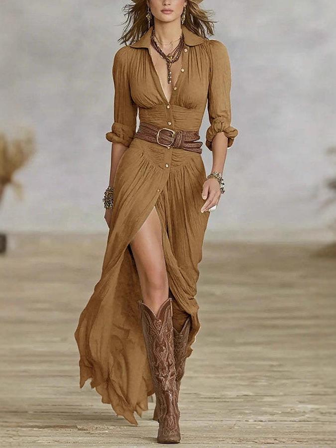 2025 European & American Women's Autumn Sexy Solid Color Belted Irregular Ruffle Dress