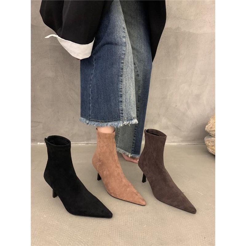 

With skirt thin heel high heel boots fashionable retro pointed short boots women s 2025 autumn and summer new French small naked boots 39