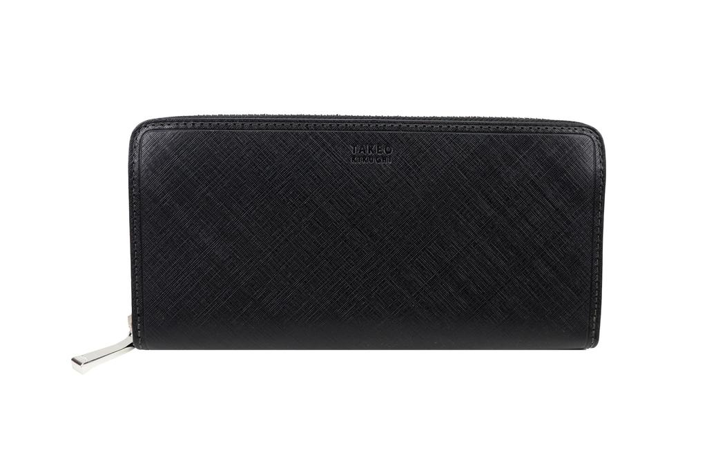 Takeo Kikuchi Sigma Cowhide Leather Long Wallet with 13 Card Pockets Zipper, (Cowhide, Black)