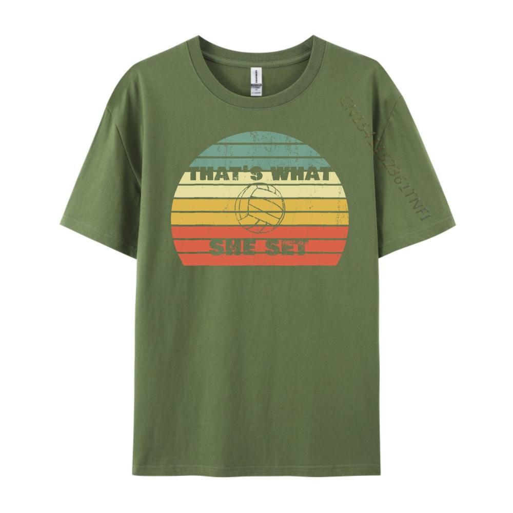 Lustiger Volleyball-Wortwitz Thats What She Set Vintage Retro Sonnenuntergang Grafik T-Shirts Herren Baumwoll-T-Shirt Herren