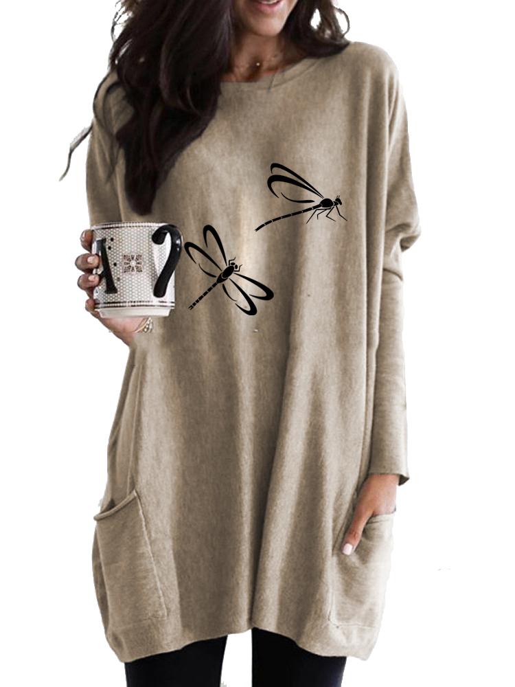 Women's Long Tunic with Pockets Loose Fit Printed Logn Sleeve Top