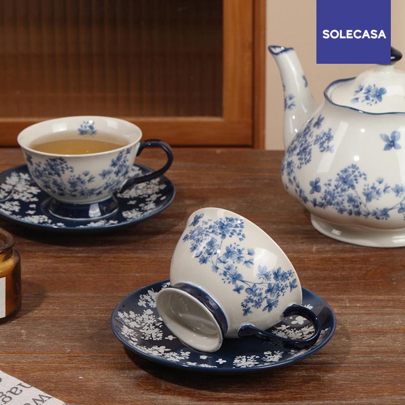 SOLECASA Ceramic Tea Set French Retro Afternoon Tea Cup & Saucer With Tea Pot Blue Porcelain Coffee Cup and Saucer Romantic Gift