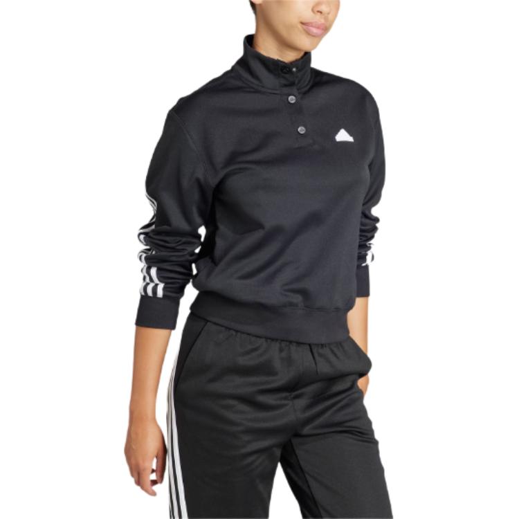 Adidas Striped Half Button Long Sleeve Sweatshirt Women sweatshirt Black IT4828