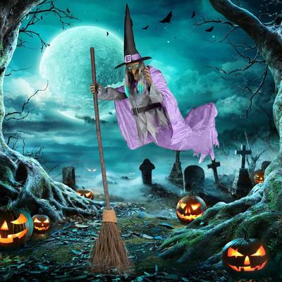 170cm Halloween Flying Witch Decor Halloween Animatronic Witch On Broom with Light-up Eyes and Scary Sound for Yard House Decor