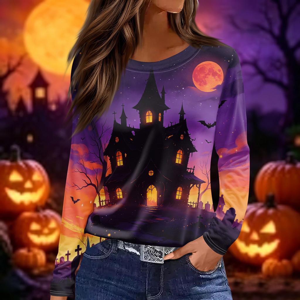 Women's Long Sleeve Casual Pullover Top Halloween Pumpkin Print Crew Neck Split Hem Blouse Lightweight Comfortable Fit