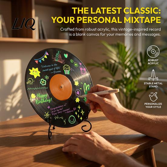 Retro Wall Decorations Vinyl Record DIY Graffiti Clock Ornament, Blank Acrylic Tabletop Reusable Drawing Surface Decor with Stand, Personalized