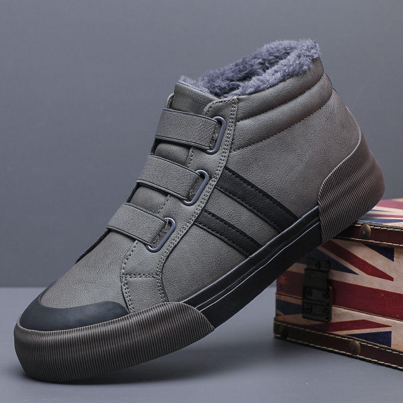 Men's Fleece-Lined Winter Slip-On Casual Leather Shoes - Korean Style, Non-Slip, Warm, Mid-Top Trendy Sneakers