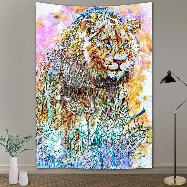 Simsant Forest Wildlife Tapestry Psychedelic Lion Forest Wall Hanging Tropical Plants Nature Landscape Dorm Bank