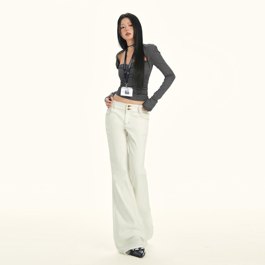 American retro beige slim double-breasted design micro-flared jeans Yichun