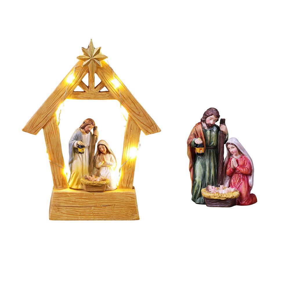 LED Lighted Holiday Resin Manger Nativity Scene Figurine Decors Christmas Themed Tabletop Religious Holy Family Ornament