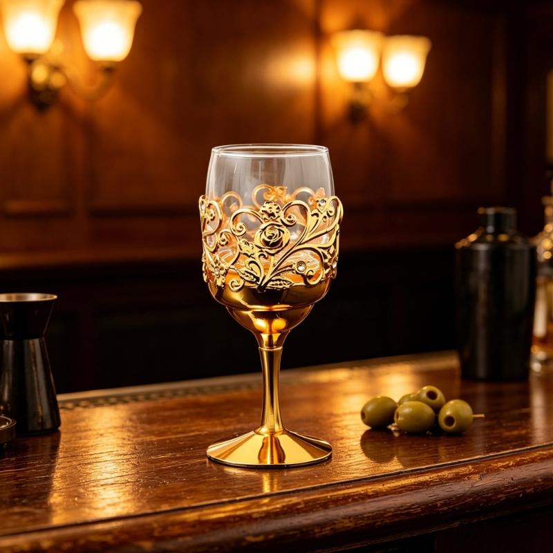 Handgefertigter Eisenrahmen Glas Whiskey-Becher Zierlicher Weinglas mit stabiler Metallbasis für Esstisch