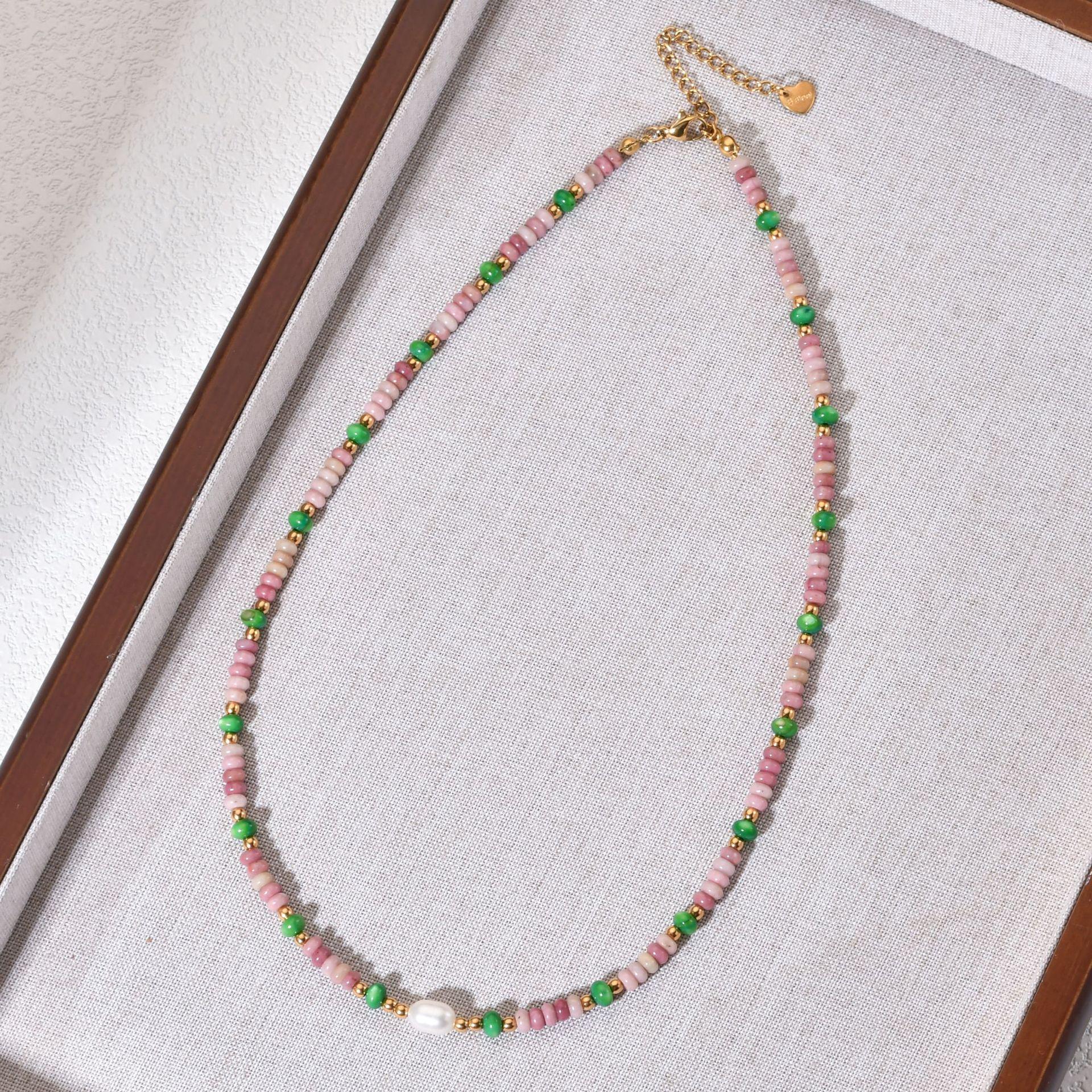 Watermelon Red Veined Stone & Freshwater Pearl Clavicle Necklace - Women s Luxury Dopamine Green