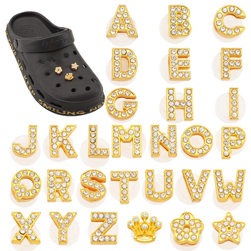 New Gold Letter Alphabet Shoes Charms Metal Button Rhinestone Crown Shoe Decorations Garden Shoes Accessories for Women Man 1PCS