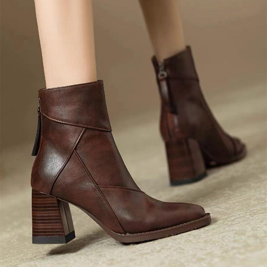 Women's Vintage Brown Chunky Heel Ankle Boots, 2025 Autumn/Winter Martin Style with Back Zipper High Heel.