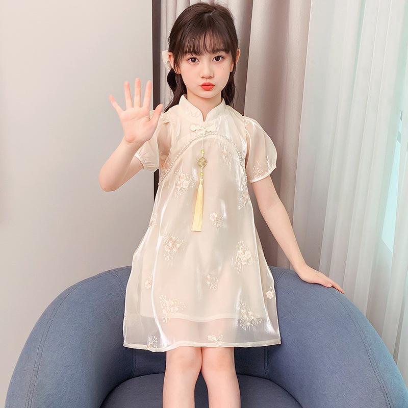 Girls Summer Thin Modified Cheongsam Dress Chinese Hanfu Mesh Princess Skirt Kids Elegant Traditional Party Gown 90cm