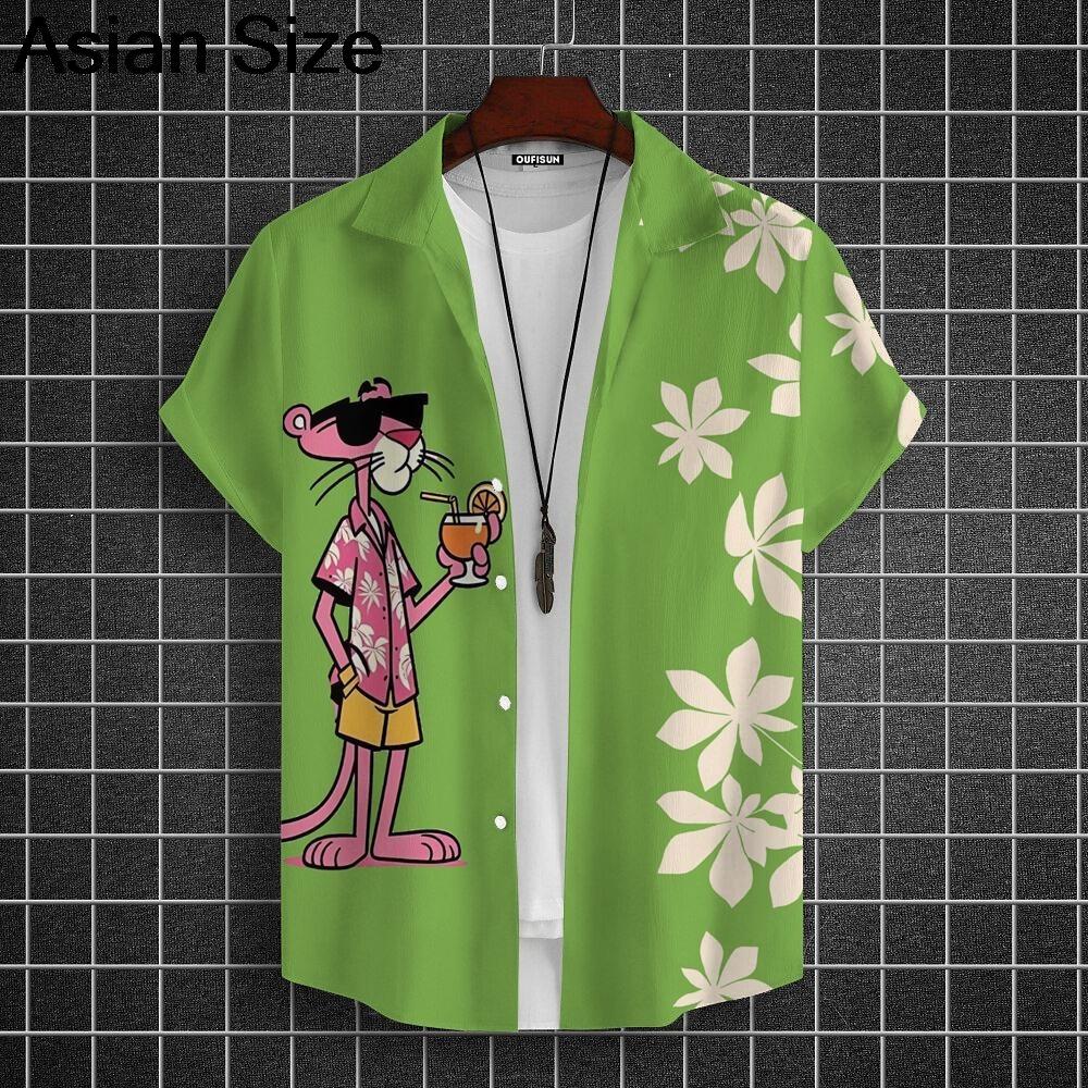 Cartoon Leopard Grafik Herren Kurzarm Hemd mit Kragen Oberteile Unisex Rosa Knopfleiste Hawaiian Hemden Sommer Täglich Damen Blusen