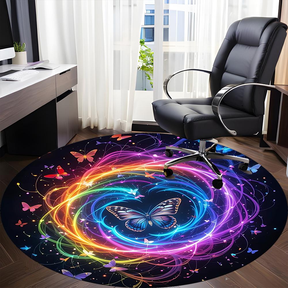 1pc Butterfly Rainbow Office Round Area Rug,  Mat Suitable ForOffice, Under Office Chairs Bedroom Living Room Home Decor, Room Deco