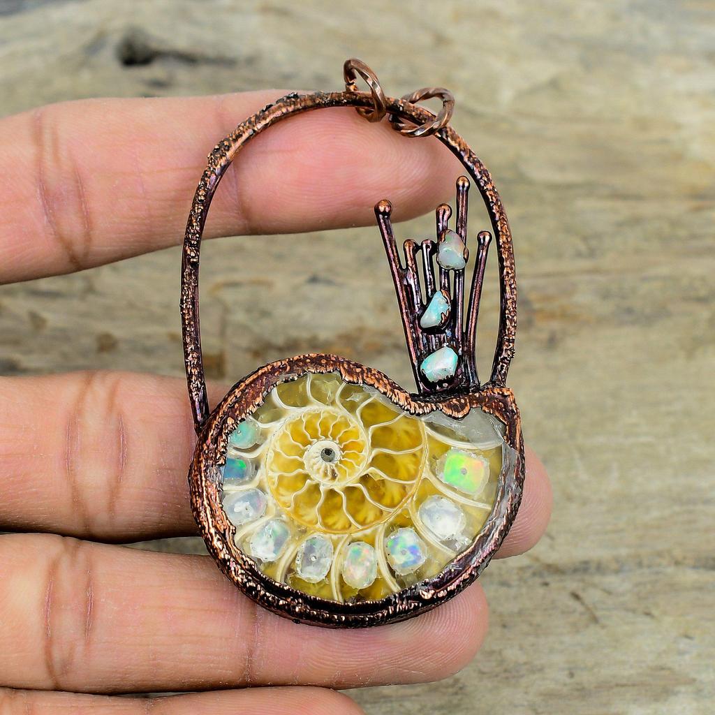 Ethiopian Opal In Ammonite Fossil Pendant Electroformed Copper Pendant Ethiopian Opal Pendant Handmade Jewelry Gemstone Pendant Gift for Her