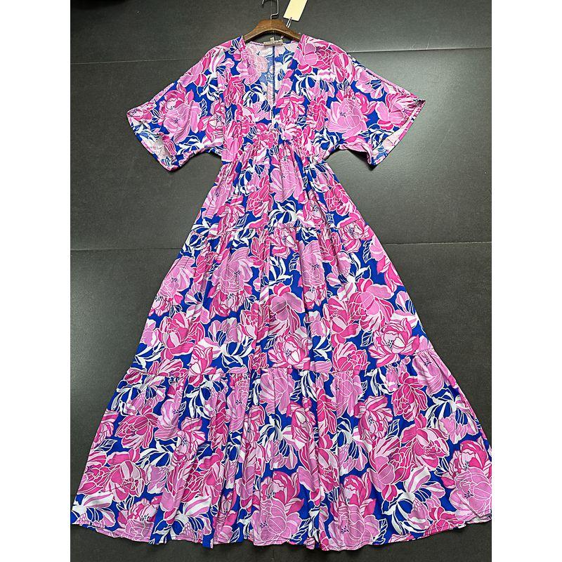 

Yanzi Export En Home Elegant V Neck Batwing Free Vacation Style V Neck A- line Large Swing Dress Long Dress for Women Pink Floral Maxi Dress S