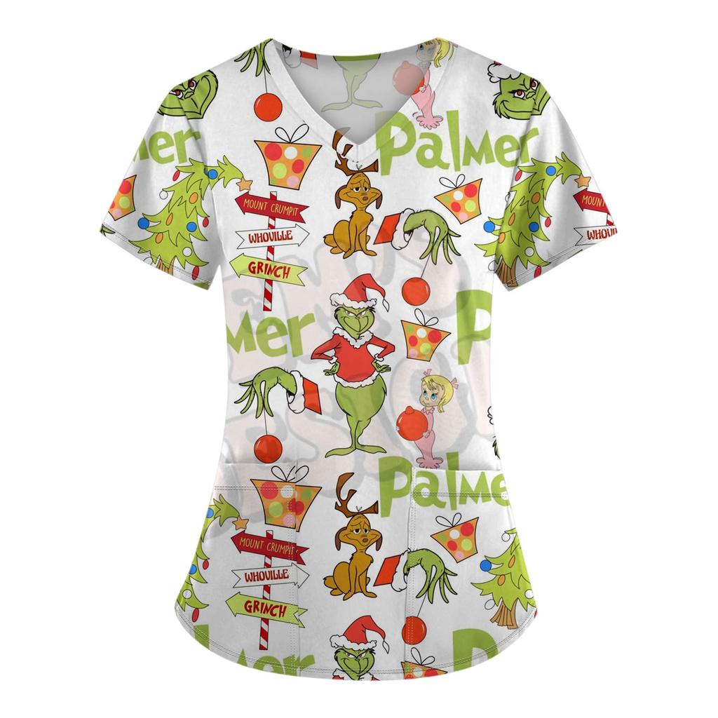 Women's Fashion Printed Short Sleeve V Neck Pattern Tops Pocket Working T-shirts