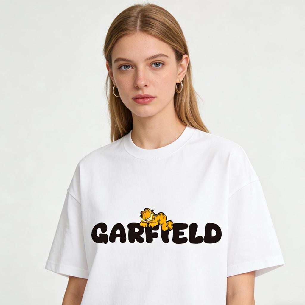 Lazy Garfield Letter Trendy T-Shirt! American Casual Loose-Fitting Short Sleeve, Unisex, Oversize Couple Tee