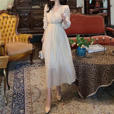 French Style Gentle Dress Tight Waist V-Neck Elegant Solid Color Long Dress Woman Casual Elegant Party Dress