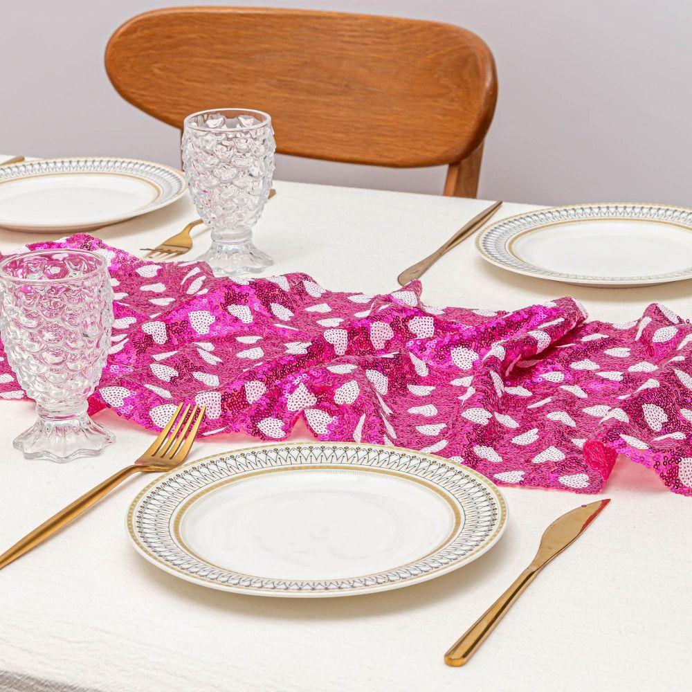 Valentines Day Sequined Mesh Table Runner Love Heart Romantic Glitter Table Linens Sparkly Surface European Table Flag