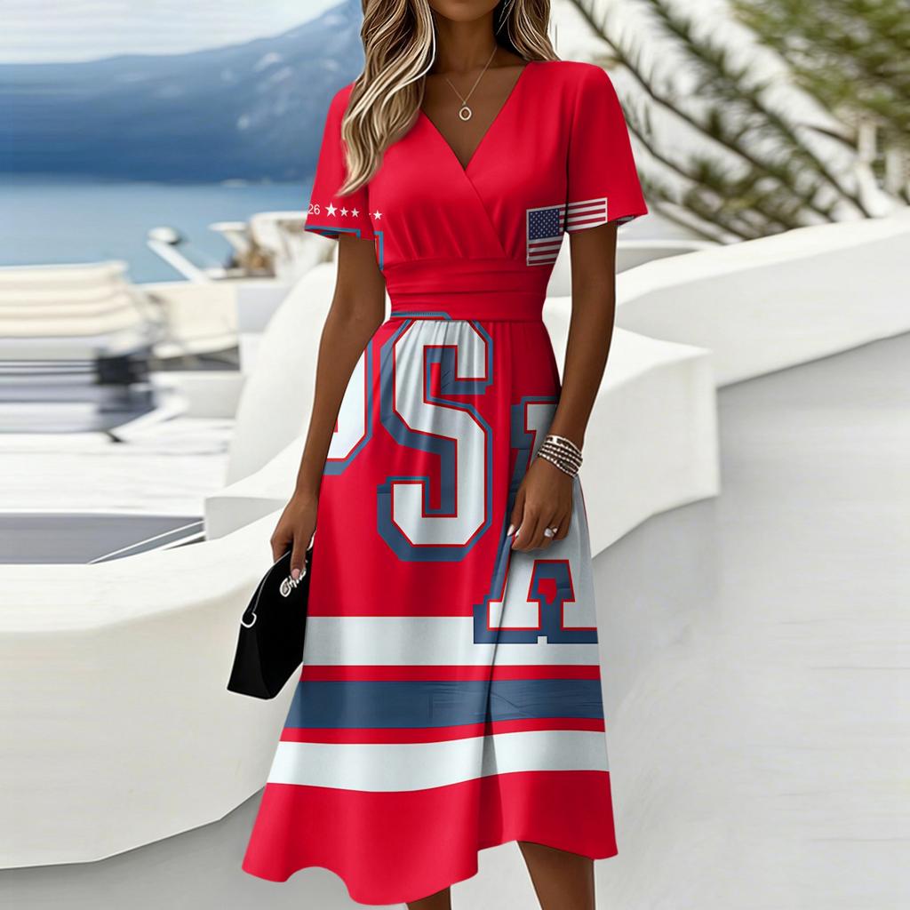 Women's Independence Day Print Casual Fashion Short Sleeve V-Neck Dress
