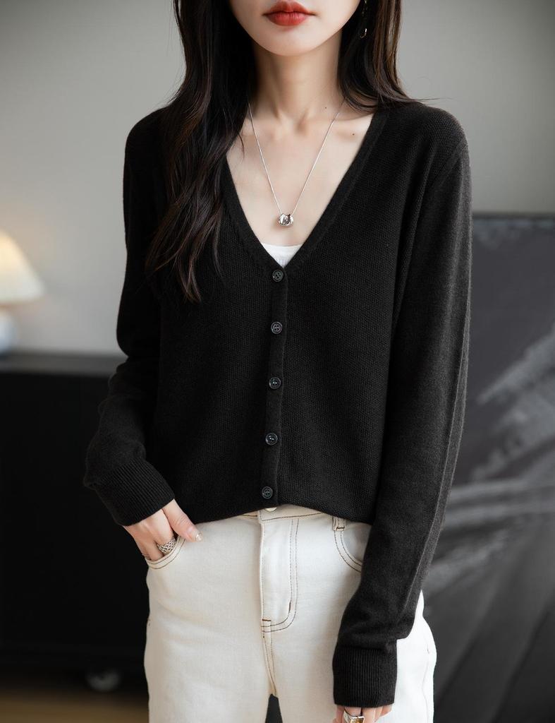 Women's Loose Fit Wool V-Neck Long Sleeve Cardigan Sweater