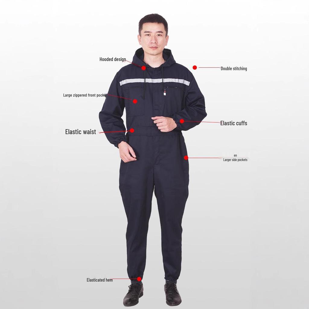 Men's Anti-Static Polyester-Cotton Work Coverall with Reflective Strips - Dustproof, One-Piece Protective Suit for Auto Repair and Sailing.