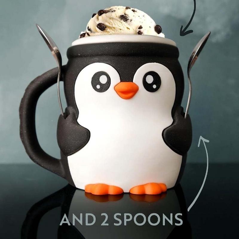 Ice Cream Holder 16oz Ice Cream Cup Spoon Slot Secret Snack Drawer Cute Penguin Design Storage Organizer For Snack Dessert Home