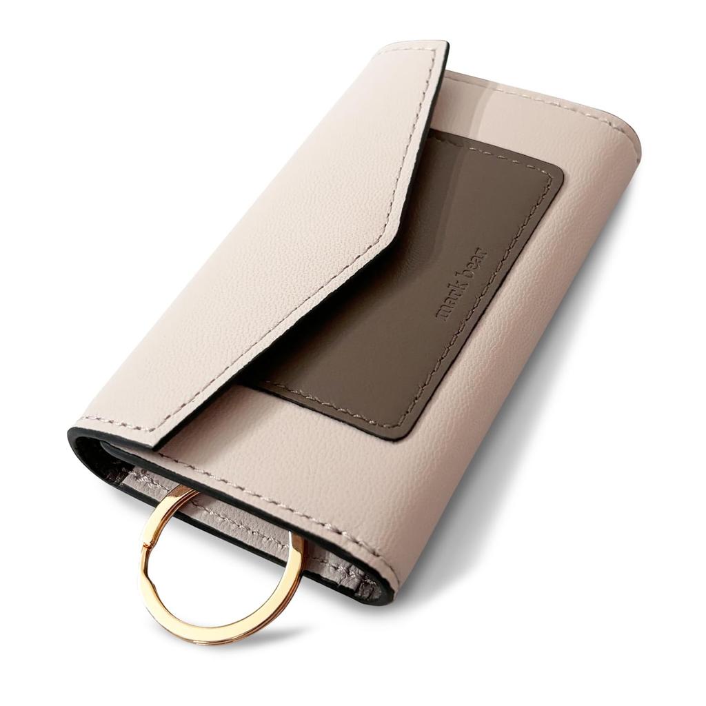 Echtes Ziegenleder Schlüsseletui für Männer und Frauen, dreifach faltbar, 4 Fächer, herausnehmbare Kartenfächer, Markenname (Beige)