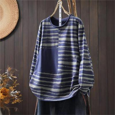 Contrast Stripe Long Sleeves Loose Casual Woman Winter O-Neck Fashion Chinese Style Vintage T-Shirt