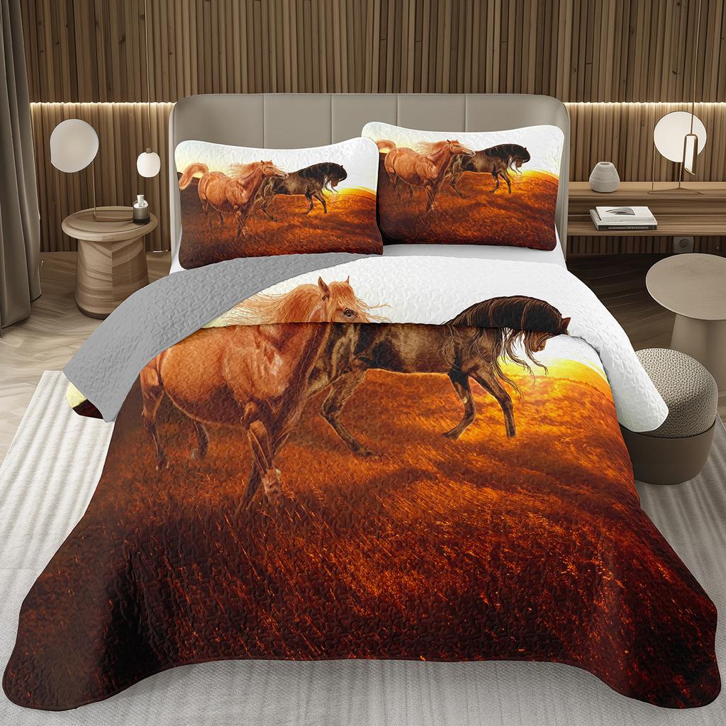 Wild Horse Bedspread Queen/Full Galloping Horse Pattern Quilted Bedding Set Farm Animal Coverlet Set Reversible Rustic Bed Cover