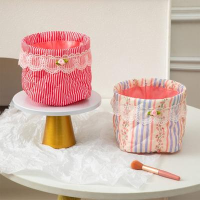 New Durable Quilting Cotton Desktop Storage Basket Lace Bowknot Decor Large-capacity Round Organizer Storage Container Home