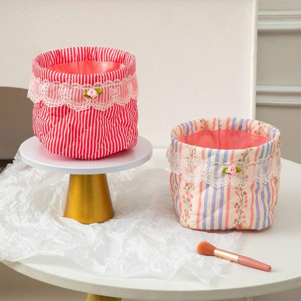 New Durable Quilting Cotton Desktop Storage Basket Lace Bowknot Decor Large-capacity Round Organizer Storage Container Home