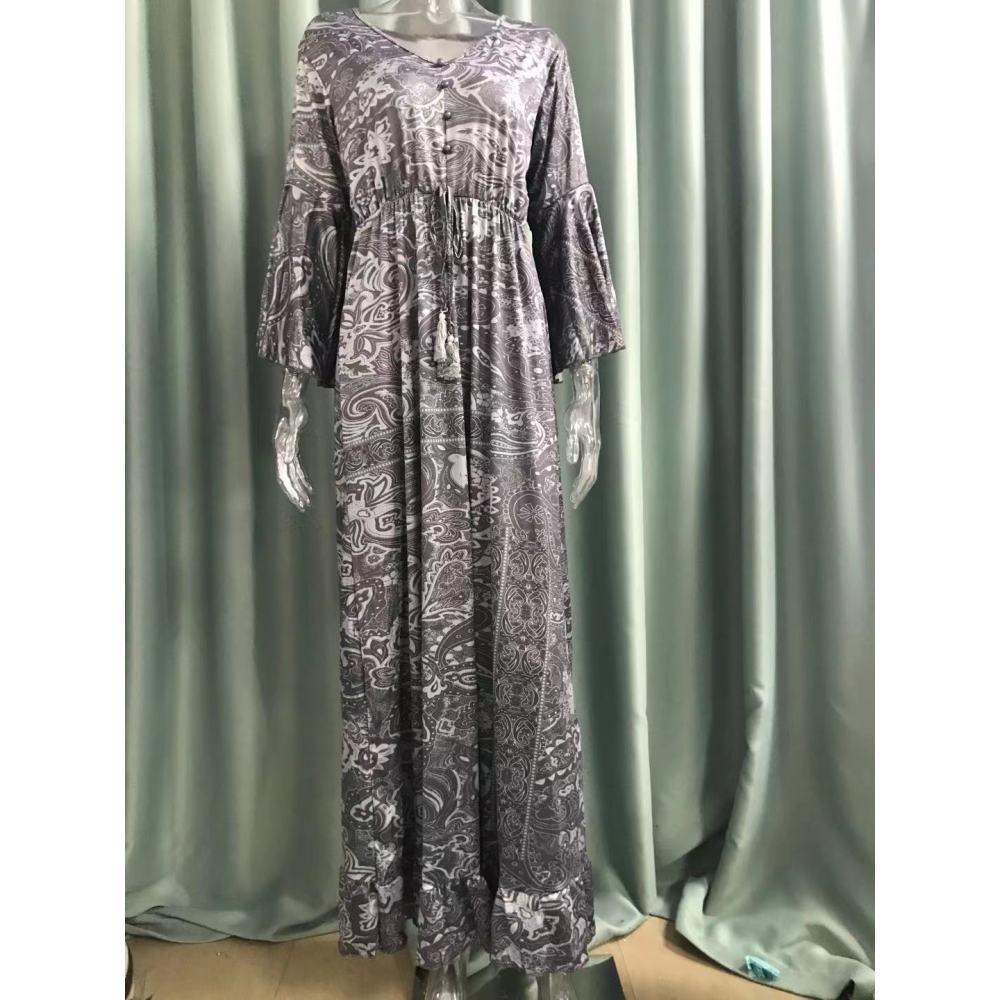 Langes Urlaubskleid im Bohemian-Stil mit Glockenärmeln, V-Ausschnitt und hoher Taille für Damen