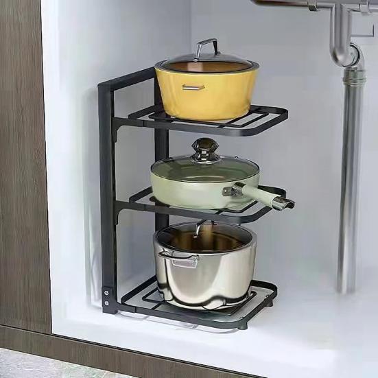 Multi-Layer Pot Storage Rack Strong Load-bearing Hollow Design Adjustable Cabinet Under-Sink Pan Rack Cookware Holder