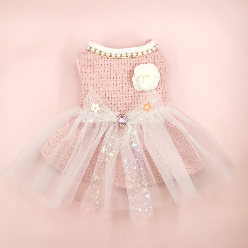 

Pet Pink Woolen Dress Coat Princess Mesh Bow Dress Cat Clothing Pet Set Puppy Clothes Autumn/Winter Pink Dresses Puppy M