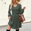 Women's Fashion Casual V-neck Knitted Sweater Dress With Long Sleeves, Pockets And Solid Color